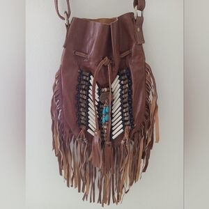 Brown  Genuine Leather Fringe Beaded Drawstring Shoulder Bag